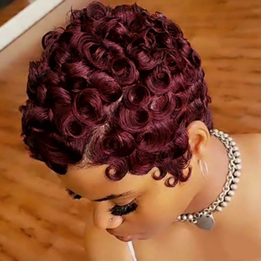 Human Hair Short Curly Wig Pixie Cut Full Machine Made Wigs For Women