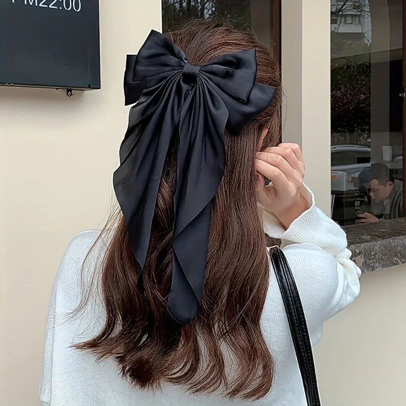 Women Large Bow Hairpin Elegant Long Ribbon Bow Hair Pins Fashion Simple Hair Clip Back Head Clips Half Tied Hair Accessories