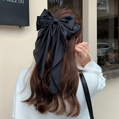 Women Large Bow Hairpin Elegant Long Ribbon Bow Hair Pins Fashion Simple Hair Clip Back Head Clips Half Tied Hair Accessories
