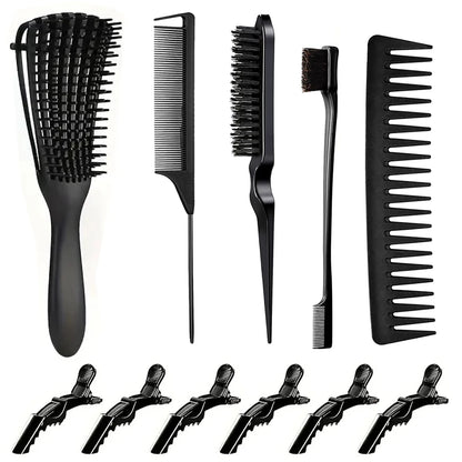 11 Pcs Hair Styling Kit for Women:Wide Tooth Comb, Detangler & Teasing Edge Brush, Rat Tail Comb, Alligator Clips for Curly Hair