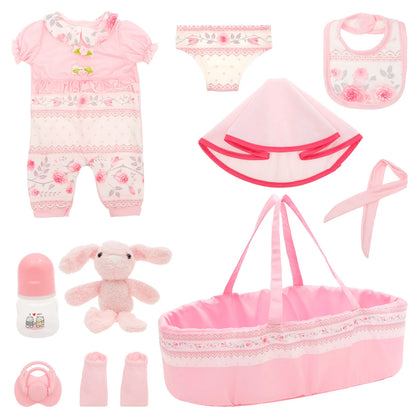 10 Pcs Doll Clothes Set Portable Baby Doll Accessories Set with Bassinet Diaper Pacifier Feeding Bottle for Children Toddler