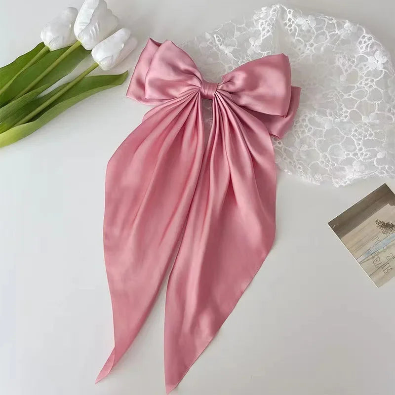 Women Large Bow Hairpin Elegant Long Ribbon Bow Hair Pins Fashion Simple Hair Clip Back Head Clips Half Tied Hair Accessories