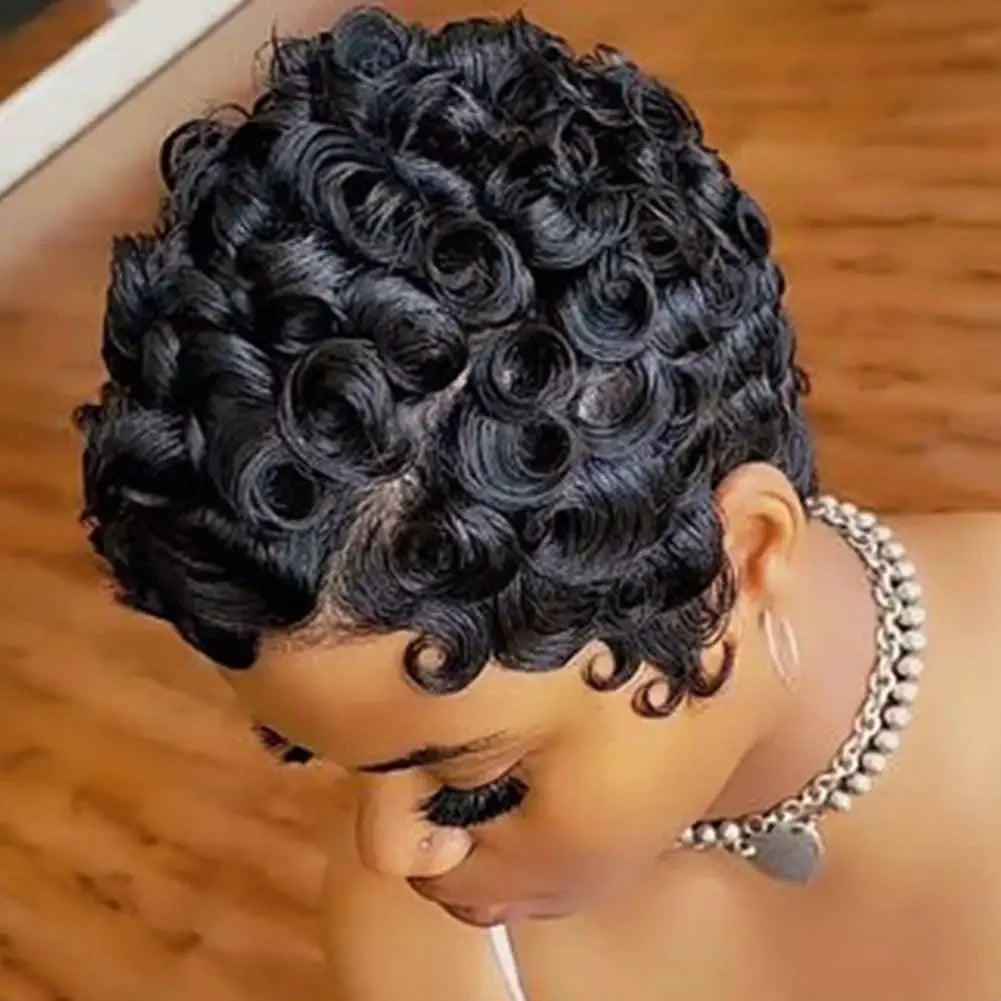 Human Hair Short Curly Wig Pixie Cut Full Machine Made Wigs For Women