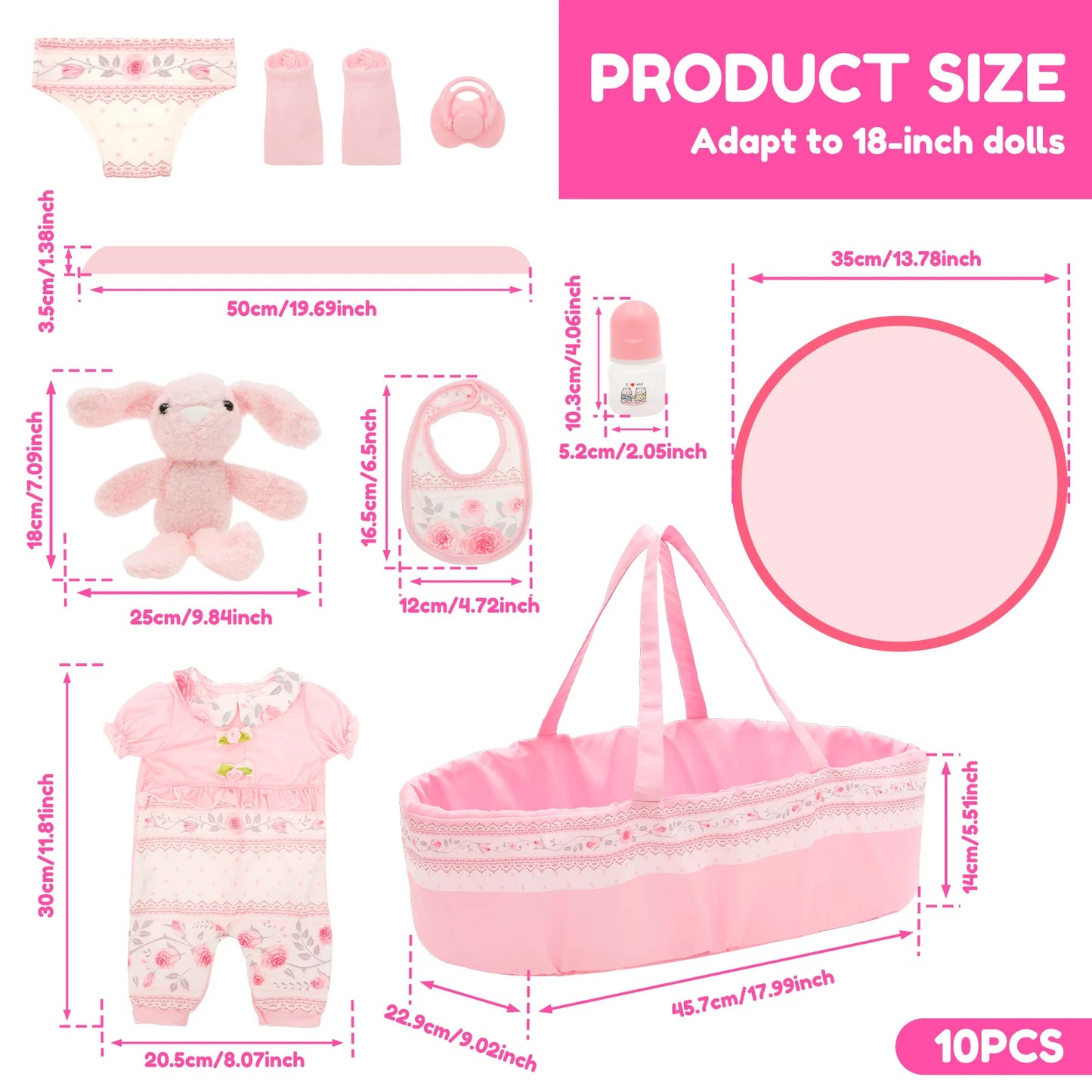 10 Pcs Doll Clothes Set Portable Baby Doll Accessories Set with Bassinet Diaper Pacifier Feeding Bottle for Children Toddler