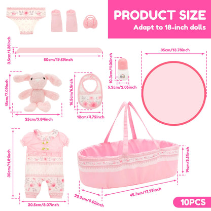 10 Pcs Doll Clothes Set Portable Baby Doll Accessories Set with Bassinet Diaper Pacifier Feeding Bottle for Children Toddler