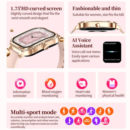 2026 New Women Smart Watch 1.75" HD Display Heart Rate Sport Fitness  Waterproof Bracelet BT Call Smartwatch For Android IOS